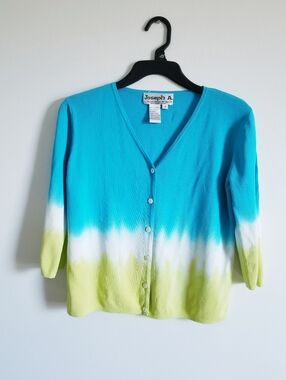 Joseph A. Turquoise, White & Lime V-Neck Cardigan Size M